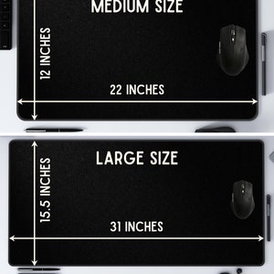 May include: Two black mouse pads with white text and measurements in inches. The top mouse pad is labeled "MEDIUM SIZE" and measures 22 inches by 12 inches. The bottom mouse pad is labeled "LARGE SIZE" and measures 31 inches by 15.5 inches.