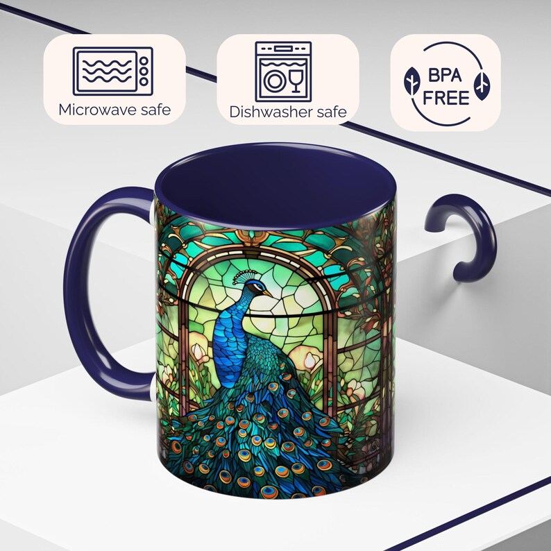 Peacock Mug, Peacock Decor, Stained Glass Mug, Stained Glass Design, Peacock Gifts, Bird Lover Gift, Peacock Feather Cup, Peacock Coffee Mug image 4