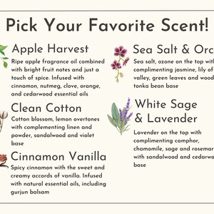 May include: A graphic with ten different scents for candles, soaps, or other products. The scents are Apple Harvest, Clean Cotton, Cinnamon Vanilla, Sea Salt & Orchid, White Sage & Lavender. Each scent is described with a short paragraph.