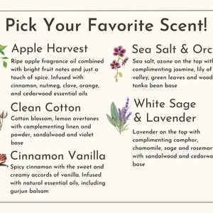 Puede incluir: Un gr&aacute;fico con diez aromas diferentes para velas, jabones u otros productos. Los aromas son Cosecha de Manzana, Algod&oacute;n Limpio, Canela Vainilla, Sal Marina y Orqu&iacute;dea, Salvia Blanca y Lavanda. Cada aroma se describe con un breve p&aacute;rrafo.