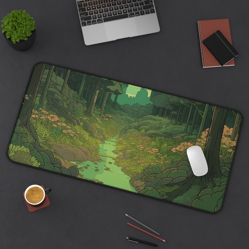 Anime Desk Mat, Green Desk Mat, Ghibli Decor, Cottagecore Deskmat, Green Deskmat Aesthetic, Fantasy Forest Mouspad, Neoprene Gaming Desk Pad image 4