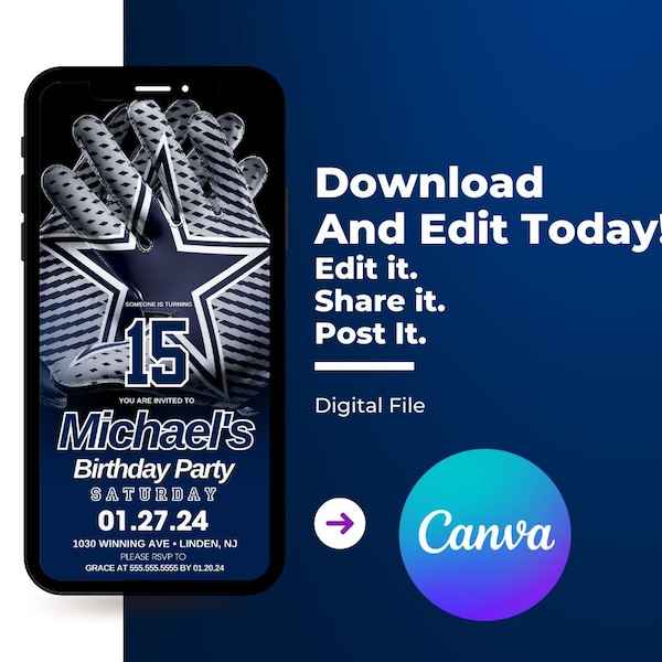 Dallas Cowboys Digital Cell Phone Invite Invitation NFL Football Instant Download and Edit on Canva Birthday Party Print Phone Share