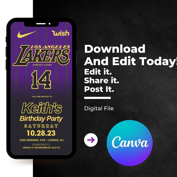 Lakers LA Birthday Invite Basketball Invitation Design Edit with Canva Purple Yellow Jersey