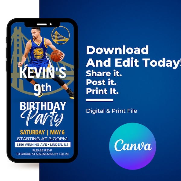 Golden State Warriors Digital Invite Invitation Stephen Curry Instant Download and Edit on Canva Birthday Party Print Phone Share