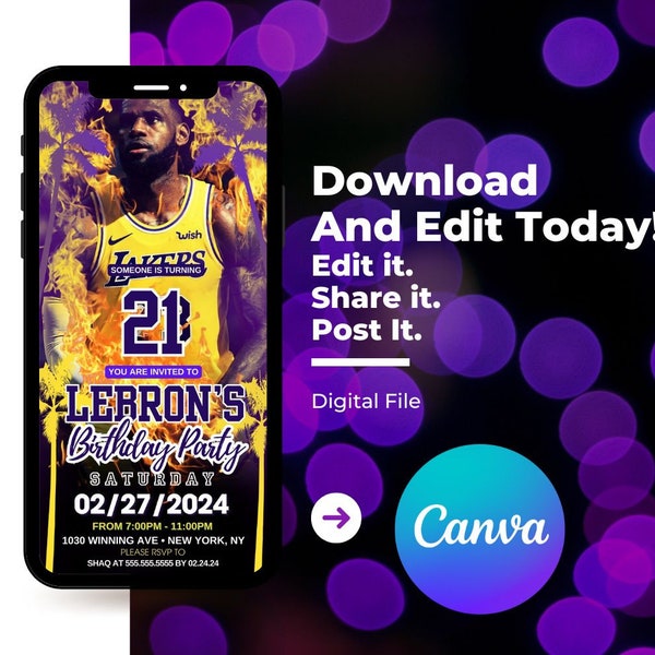 Los Angeles Lakers Lebron James Birthday Party Invite Basketball Invitation Design Edit with Canva LA NBA Purple Yellow