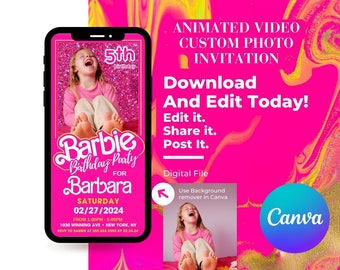 Barbie Birthday Invitation | Instant Canva Mobile Invitation | Girl Party Invite | Girls Birthday Invite | Doll Birthday Invitation |