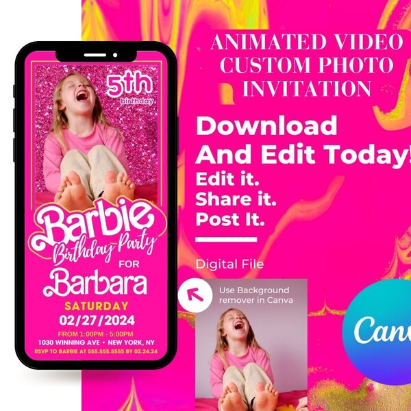 Barbie Birthday Invitation | Instant Canva Mobile Invitation | Girl Party Invite | Girls Birthday Invite | Doll Birthday Invitation |