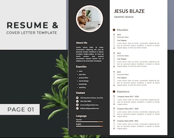 May include: A black and white resume template with a photo of a man in a black shirt and glasses. The resume is for Jesus Blaze, a graphic designer. The resume includes sections for education, experience, expertise, contact, and language.