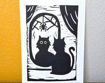 Witchy Black Cat Linocut Print Mirror Spiderweb Gothic Decor