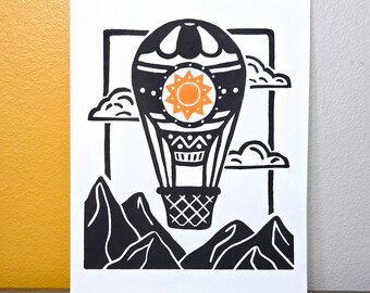 Hot Air Balloon Linocut Print Handmade Nursery Wall Art Mountain Adventure Baby Room Decor