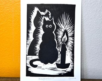 Handmade Black Cat Linocut Print Candle Wall Art Witchy Decor