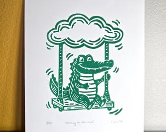 Playful Alligator Linocut Handmade Wall Art Swing Cloud Nursery Decor Florida
