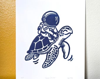 Hand Made Astronaut Sea Turtle Original Art Print