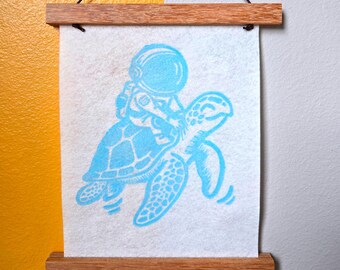 Glow in Dark Astronaut Turtle Felt Banner: Hand Block-Printed Kids Space Art