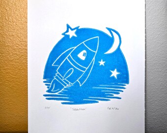 Rocket Ship Linocut Print Space Coast Florida Art, Kid's Room Block Print, Limited Edition