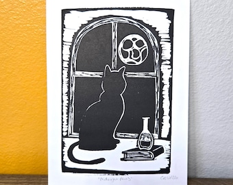 Black Cat Linocut Print Witchy Decor Moonlight Artwork