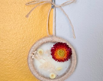 Arte botánico de fibra natural, listo para colgar, recuerdo de flores secas, decoración natural hecha a mano.