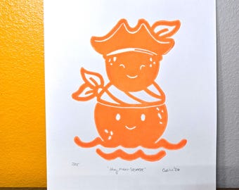 Pirate Orange Linocut Print, Florida Citrus Ocean Nursery Artwork