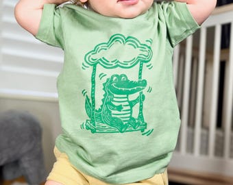 Alligator Kids Shirt Hand Block Printed Toddler Tee Small Batch Handmade Florida Toddler Clothes
