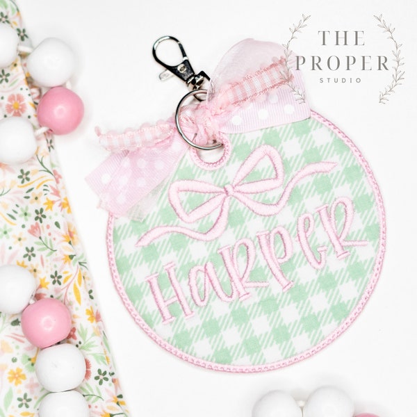 Monogrammed Personalized backpack tag with bow, embroidered fabric keyring, zipper charm, duffle bag, accessory, back to school, Diaper bag