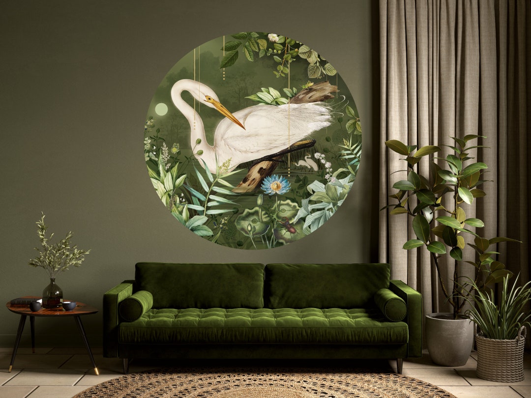 Selfadhesive Green Wall Sticker Peelandstick Round Bird Etsy