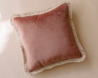 Pale pink velvet pillow with cotton fringe, modern luxury pastel decorative sofa cushion, for garden, balcony and aesthetic home decor.