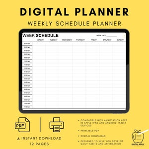 May include: A digital planner with a weekly schedule template. The planner is designed for use with annotation apps on Apple iPad and Android tablets. The planner is printable and includes 12 pages.
