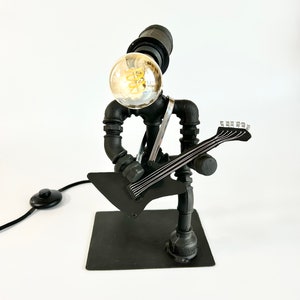 Electric Guitar Player Lamp – Handmade Pipe Light – Rock Music Decor – Industrial Steampunk Lamp