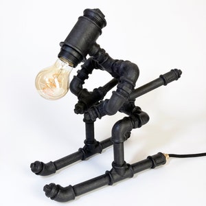 Skier Lamp – Handmade Pipe Lamp – Industrial Winter Light – Gift for Ski Lovers