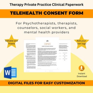 Telehealth Informed Consent Form - Therapy Private Practice Paperwork - Editable Consent Form for Therapists, Psychotherapists, Counselors