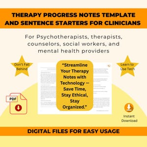 Könnte beinhalten: Eine digitale Vorlage für Therapie-Fortschrittsnotizen und Satzanfänge für Kliniker. Das Bild enthält den Text "Streamline Your Therapy Notes with Technology - Save Time, Stay Ethical, Stay Organized."