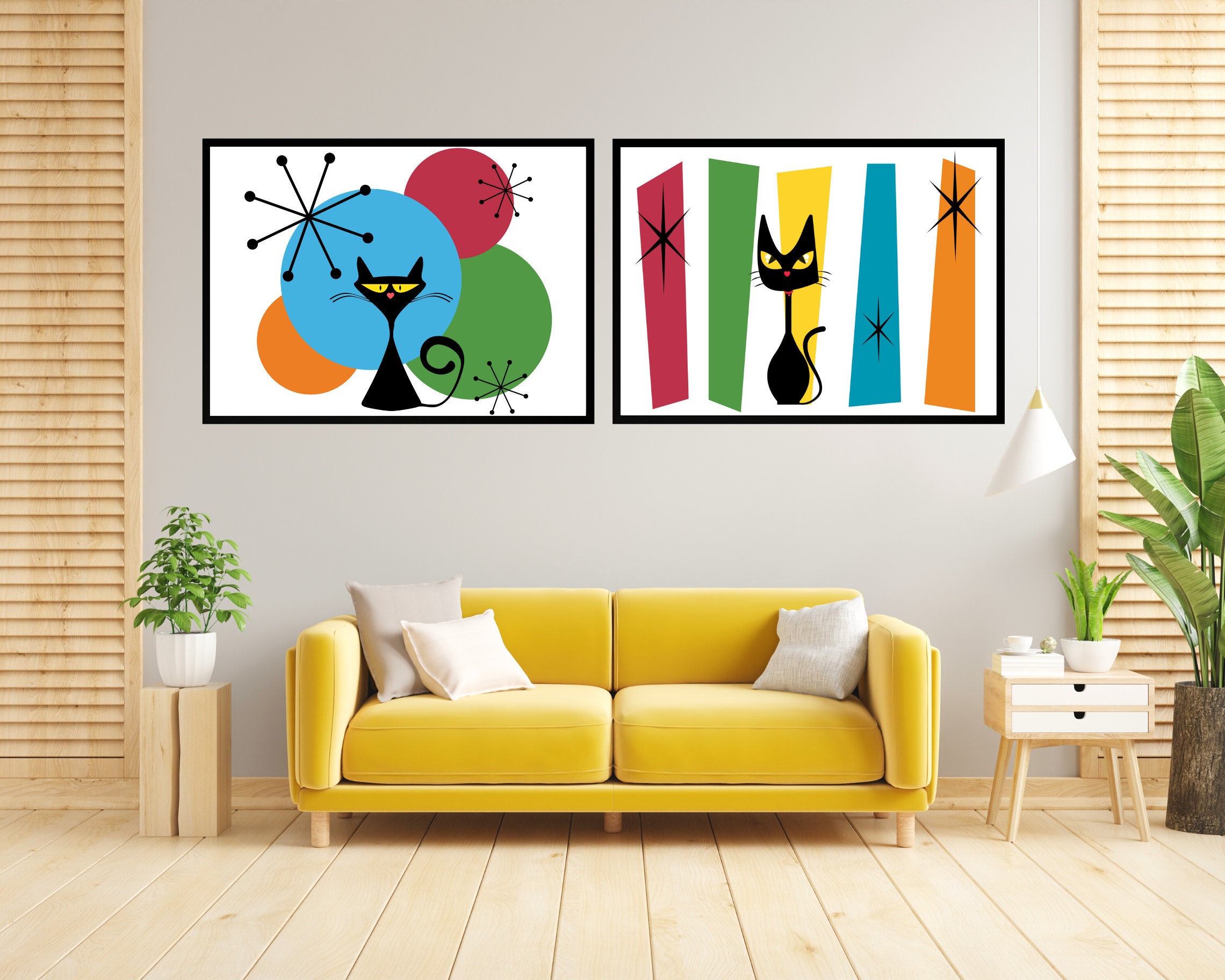 Black Atomic Cat Gallery Wall Set Colorful Printable Atomic Retro MCM