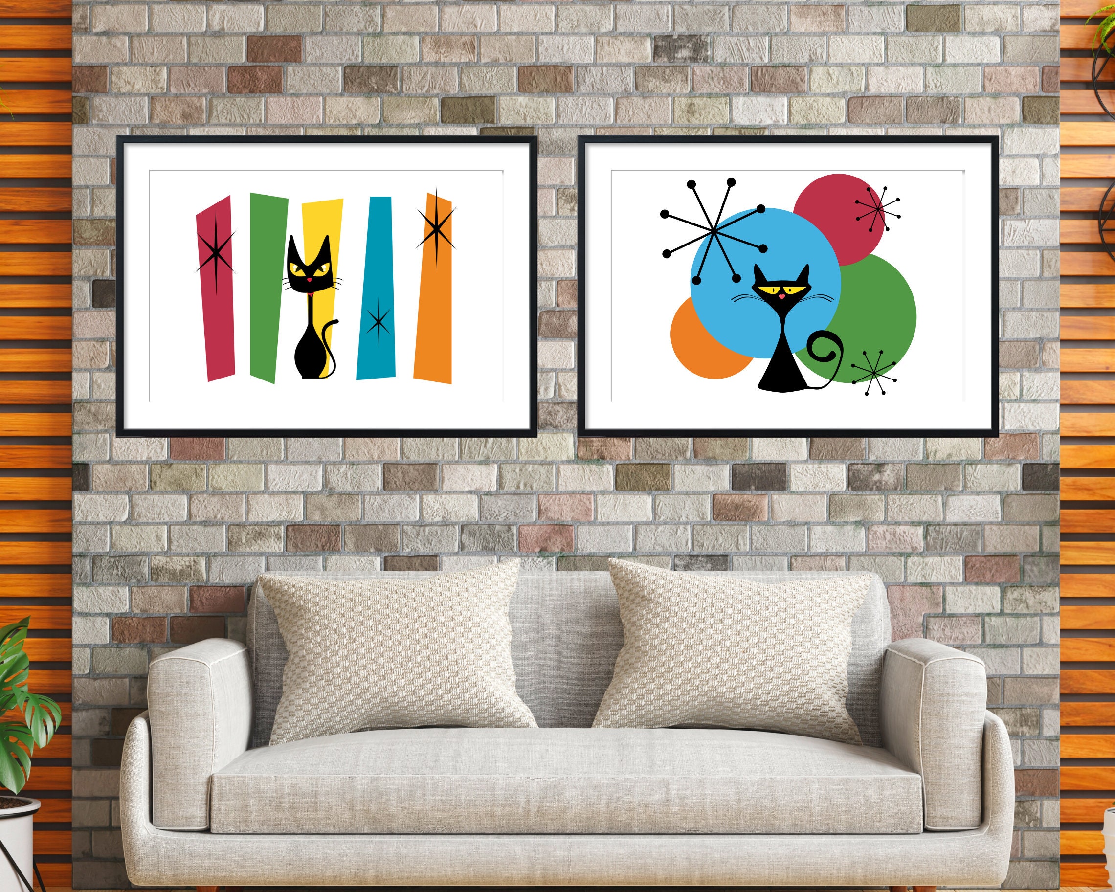 Black Atomic Cat Gallery Wall Set Colorful Printable Atomic Retro MCM