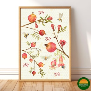 Vintage Pomegranate and Bumble Bee Floral Art Printable, Country Kitchen Wall Decor, Red, Instant Download