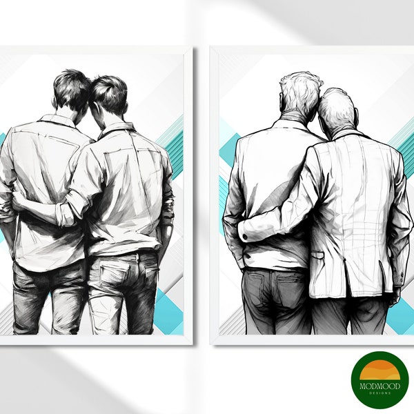 Abstract Gay Art Set Queer Art Male Printable 2-Piece Wall Art Newly Married Gift For Gay Couple Artwork LGBT Wedding Gift Digital Download