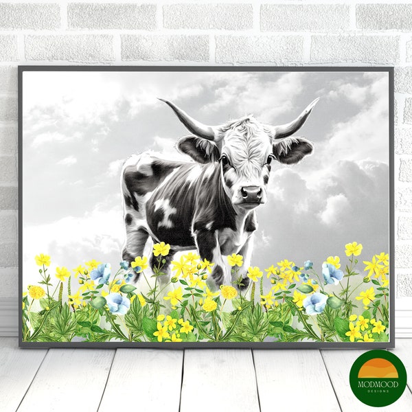 Baby Longhorn Printable Texas Longhorn Wall Art Cow Nursery Decor w Small Flower Digital Download Modern Western Art Cattle Poster Farmhouse