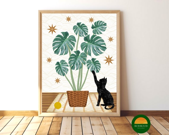 Cat & Monstera Art Print: Whimsical Plant Lover Gift (digital Download) -  Etsy