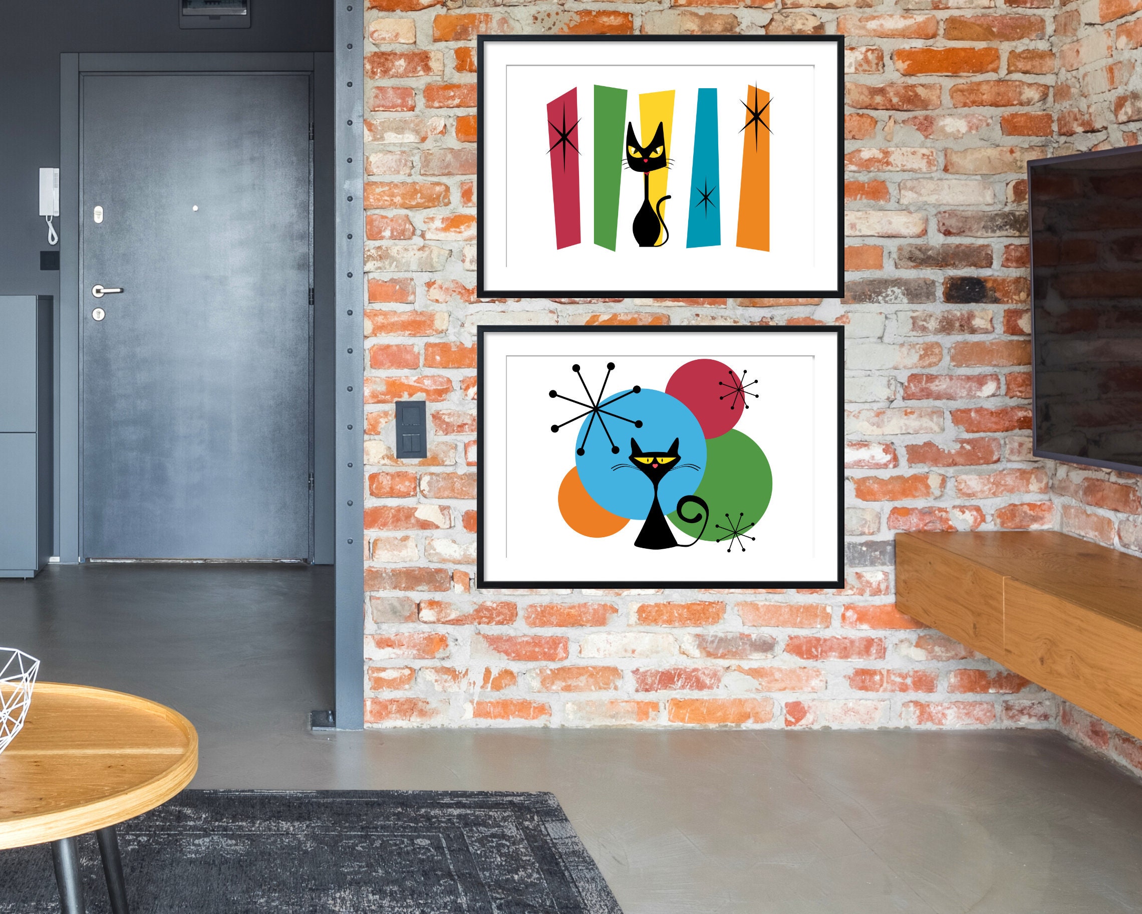 Black Atomic Cat Gallery Wall Set Colorful Printable Atomic Retro MCM