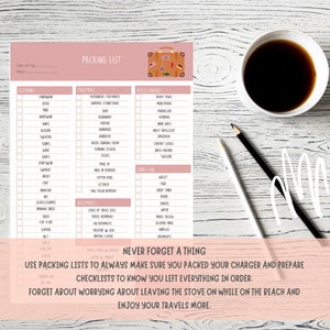 May include: A printable packing list checklist with a pink background and a cartoon suitcase. The checklist includes categories for clothing, toiletries, miscellaneous, carry-on, and documents. The text "Never forget a thing" is at the bottom of the checklist.