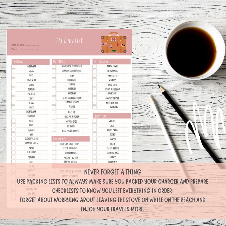 May include: A printable packing list checklist with a pink background and a cartoon suitcase. The checklist includes categories for clothing, toiletries, miscellaneous, carry-on, and documents. The text "Never forget a thing" is at the bottom of the checklist.