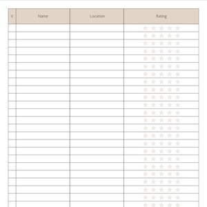 May include: A printable food tracker with the title "Foods to Try". The tracker has columns for the name of the food, the location where it was found, and a rating system using stars.