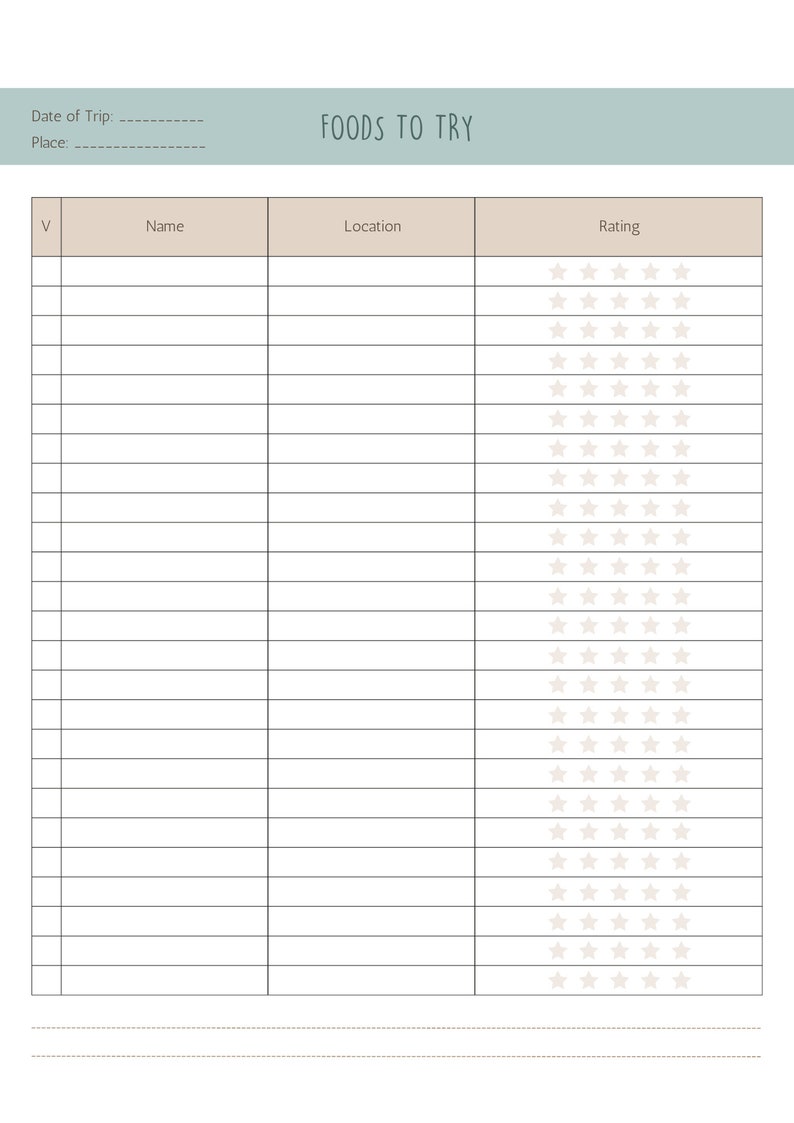 May include: A printable food tracker with the title "Foods to Try". The tracker has columns for the name of the food, the location where it was found, and a rating system using stars.
