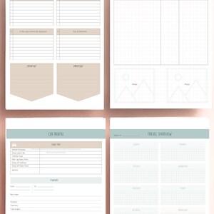 May include: A printable travel planner with sections for pre-travel checklist, places to visit, car rental, and travel overview. The planner has a light blue and beige color scheme.