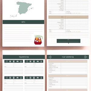May include: A printable travel planner with sections for destinations, accommodations, transportation, and flight information. The planner features a map of Spain, a pitcher of sangria, and icons for cars, trains, boats, and airplanes.