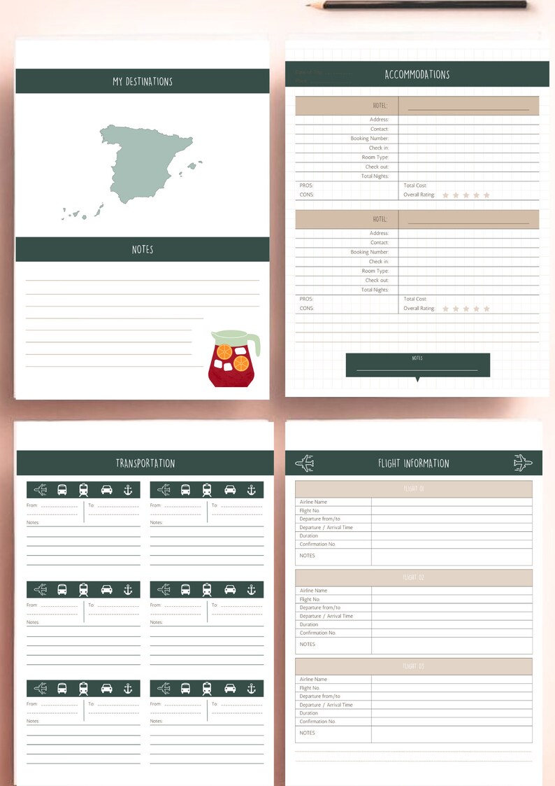 May include: A printable travel planner with sections for destinations, accommodations, transportation, and flight information. The planner features a map of Spain, a pitcher of sangria, and icons for cars, trains, boats, and airplanes.