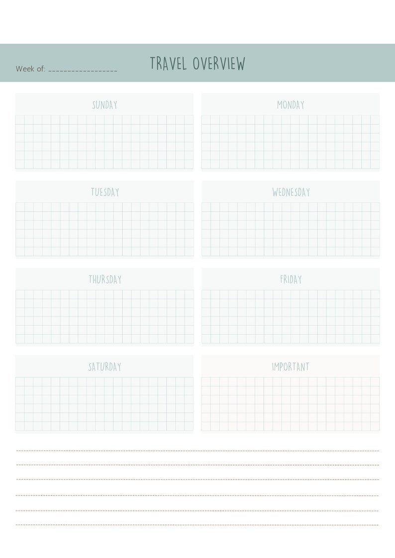 May include: A printable travel planner with a light blue header that says "TRAVEL OVERVIEW". The planner has a grid for each day of the week, with spaces for "Sunday", "Monday", "Tuesday", "Wednesday", "Thursday", "Friday", "Saturday", and "Important". There is also a section at the bottom for notes.