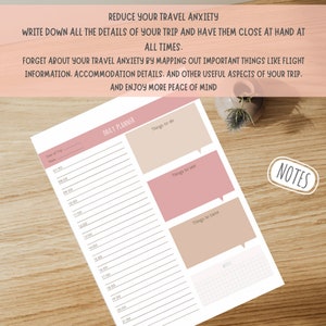 May include: A printable daily planner with sections for things to do, see, and taste. The planner has a pink and beige color scheme and includes a notes section with a grid.