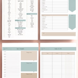 May include: A printable travel planner with sections for packing lists, booked tours, daily schedules, and foods to try. The planner has a light blue and brown color scheme with a grid pattern.