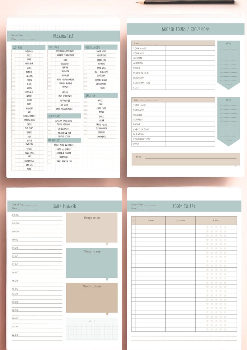 May include: A printable travel planner with sections for packing lists, booked tours, daily schedules, and foods to try. The planner has a light blue and brown color scheme with a grid pattern.