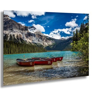 Canadian Rockies, Emerald Lake Canoes, British Colombia Canada, Rocky Mountains, Yoho Banff National Park, Canvas Print, Metal, Acrylic Art